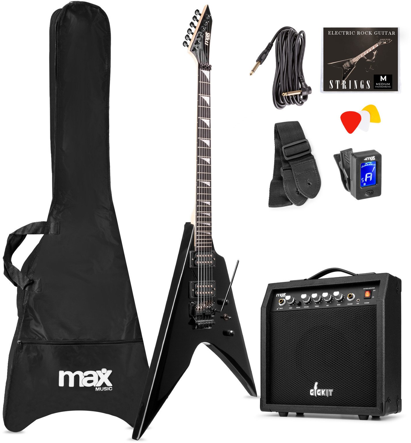 Zestaw: Gitara elektryczna GigKit czarna+ wzmacniacz tuner pokrowiec kostki struny one size