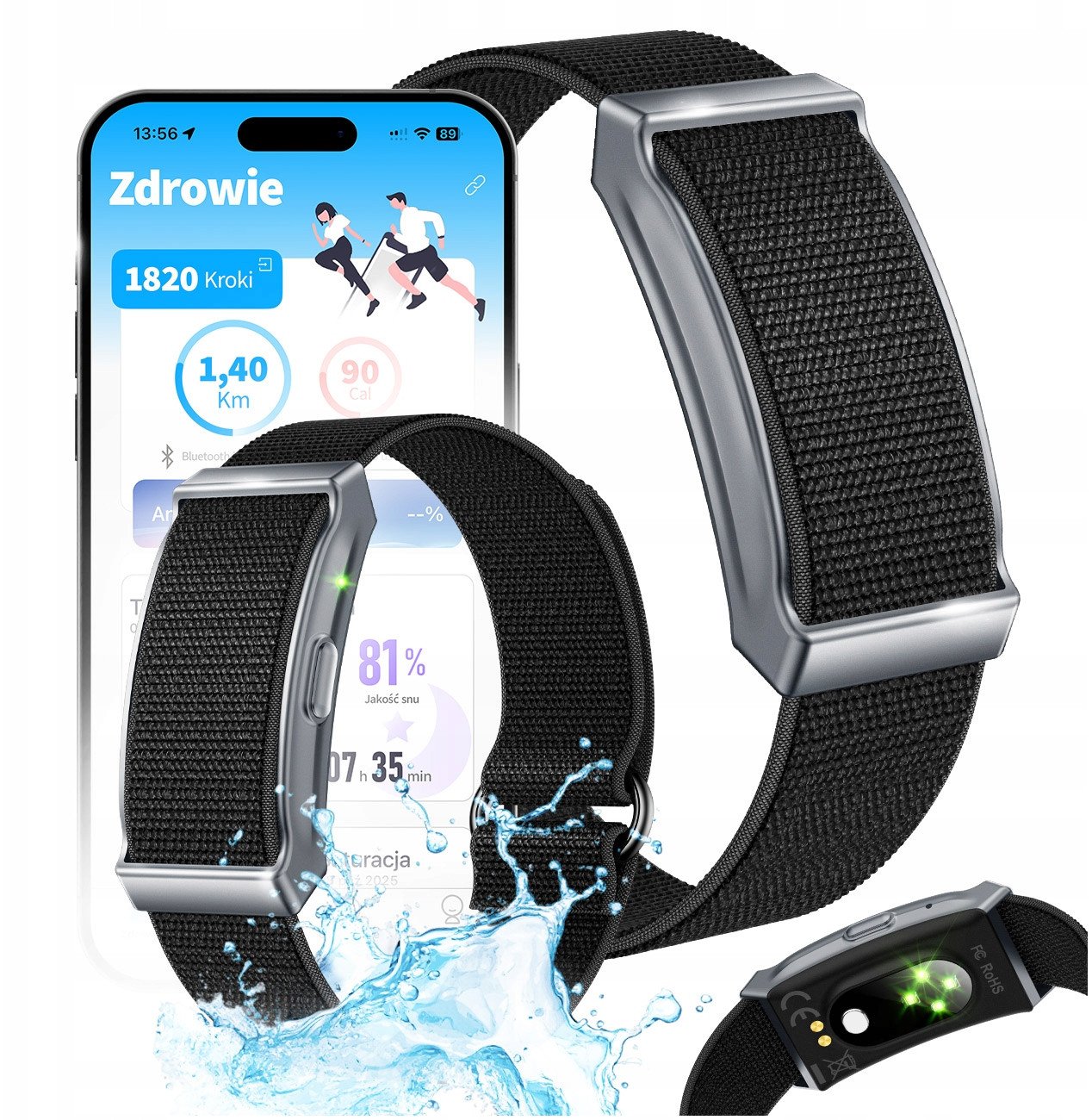 Smart Opaska - Pomiar Tętna Temperatury Tlen We Krwi HRV Sen Powiadomienia