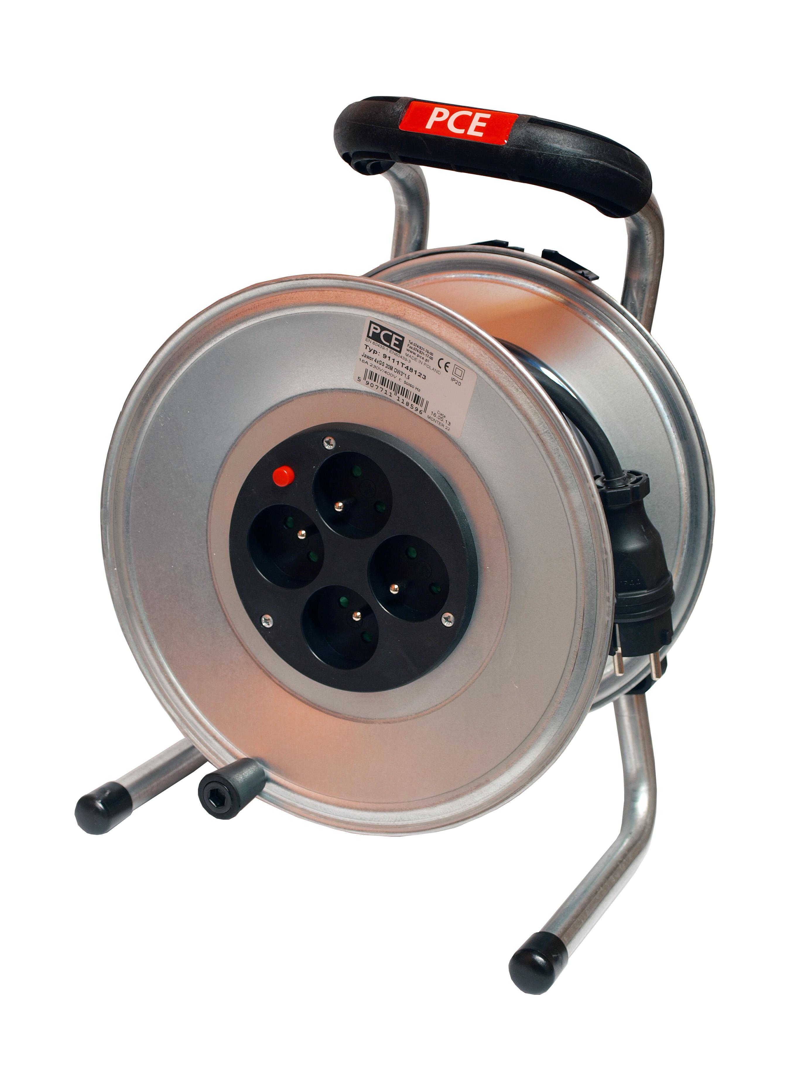 PCE Przedłużacz zwijany Jawor 1F 20m IP20 3x2,5 4xGS na bębnie stalowym 9111T48223