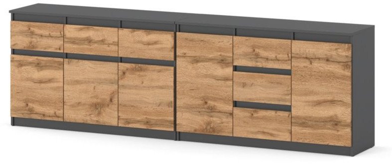 Komoda 240cm Nowoczesna Do Salonu Pojemna 6 Szuflad 240cm Szara Dąb Wotan