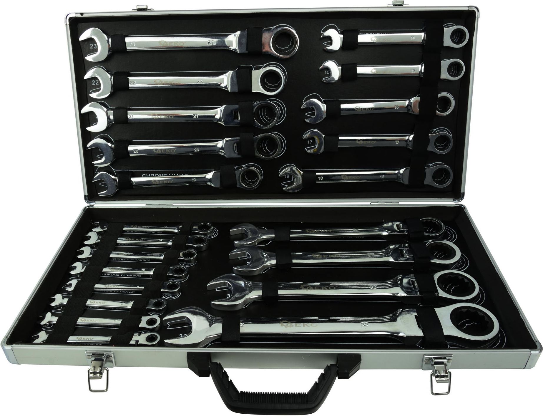 Geko Kpl.kluczy łamanych z grzechotką 22el. 6-32mm/alu waliza/ (2)