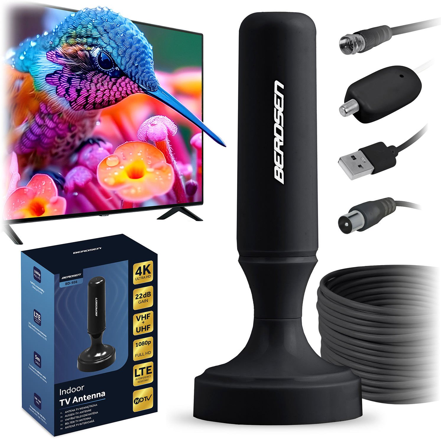 Antena RTV Berdsen Antena wewnętrzna 360 stopni TV ultra HD 4K BD-956 czarna