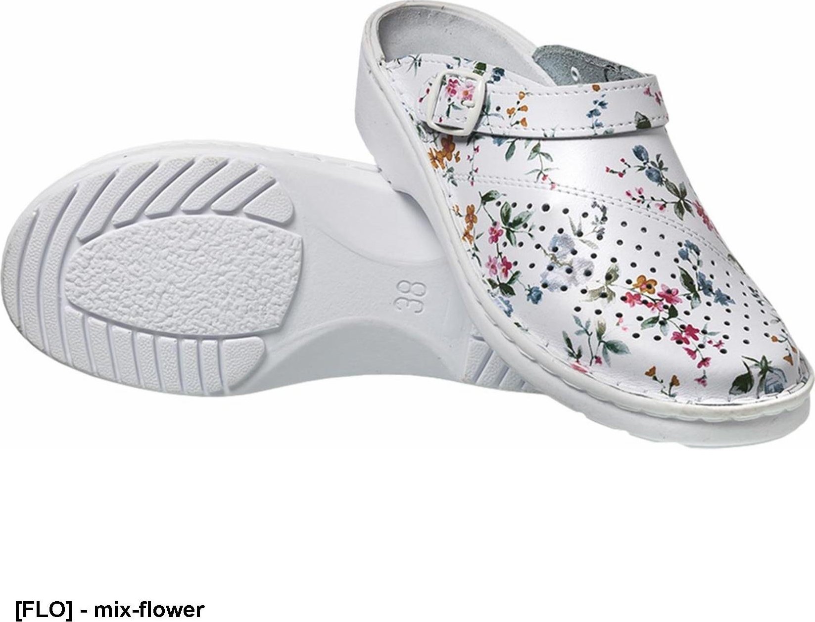MEDIBUT BMKLADZKOL - obuwie zawodowe damskie klapki przeciwpoślizgowy kolebkowy spód profil ortopedyczny, podeszwa antypoślizgowa, - mix-flower 39