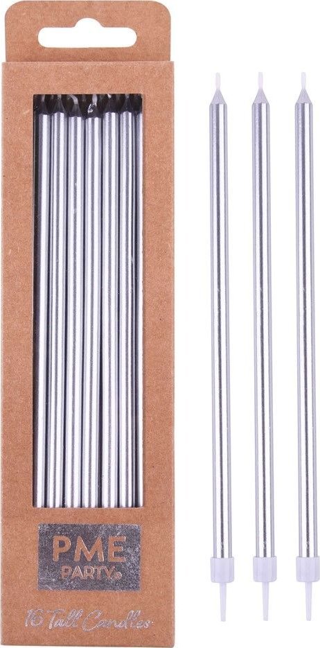 PME Zestaw 16 wysokich świeczek z podstawkami 18cm srebrny