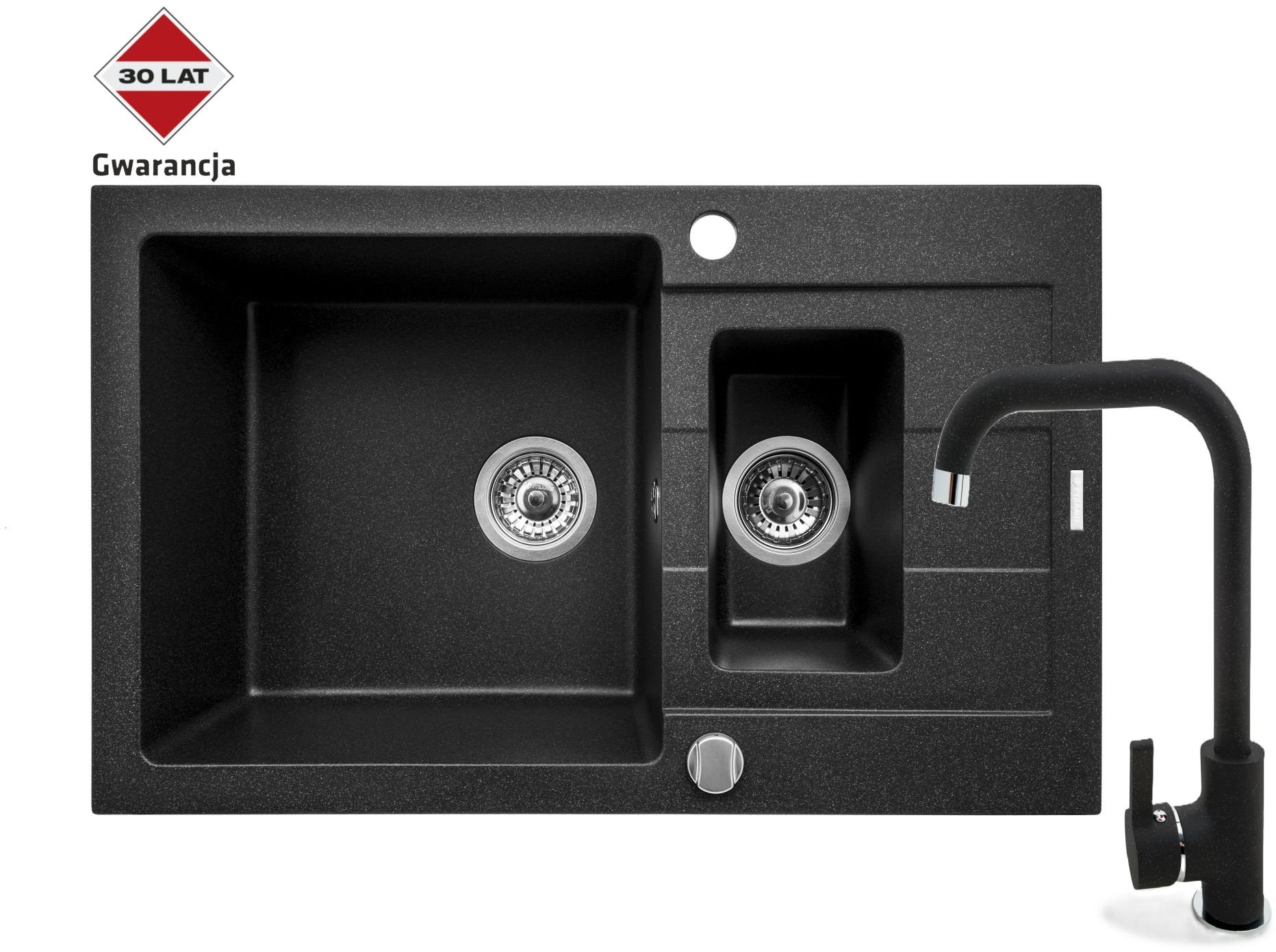 Pyramis Zlew. SPARTA PLUS (78x48), 1 1/2B 1D czarny + Bateria SILVIO