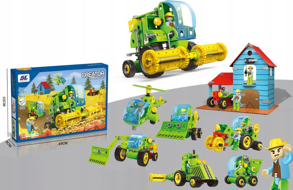 Klocki Konstrukcyjne ZESTAW ROLNIKA, FARMERA 153 El. Pojazdy Rolnicze, Kombajn, Stodoła, Traktor Do Rozkręcania I Skręcania 8w1