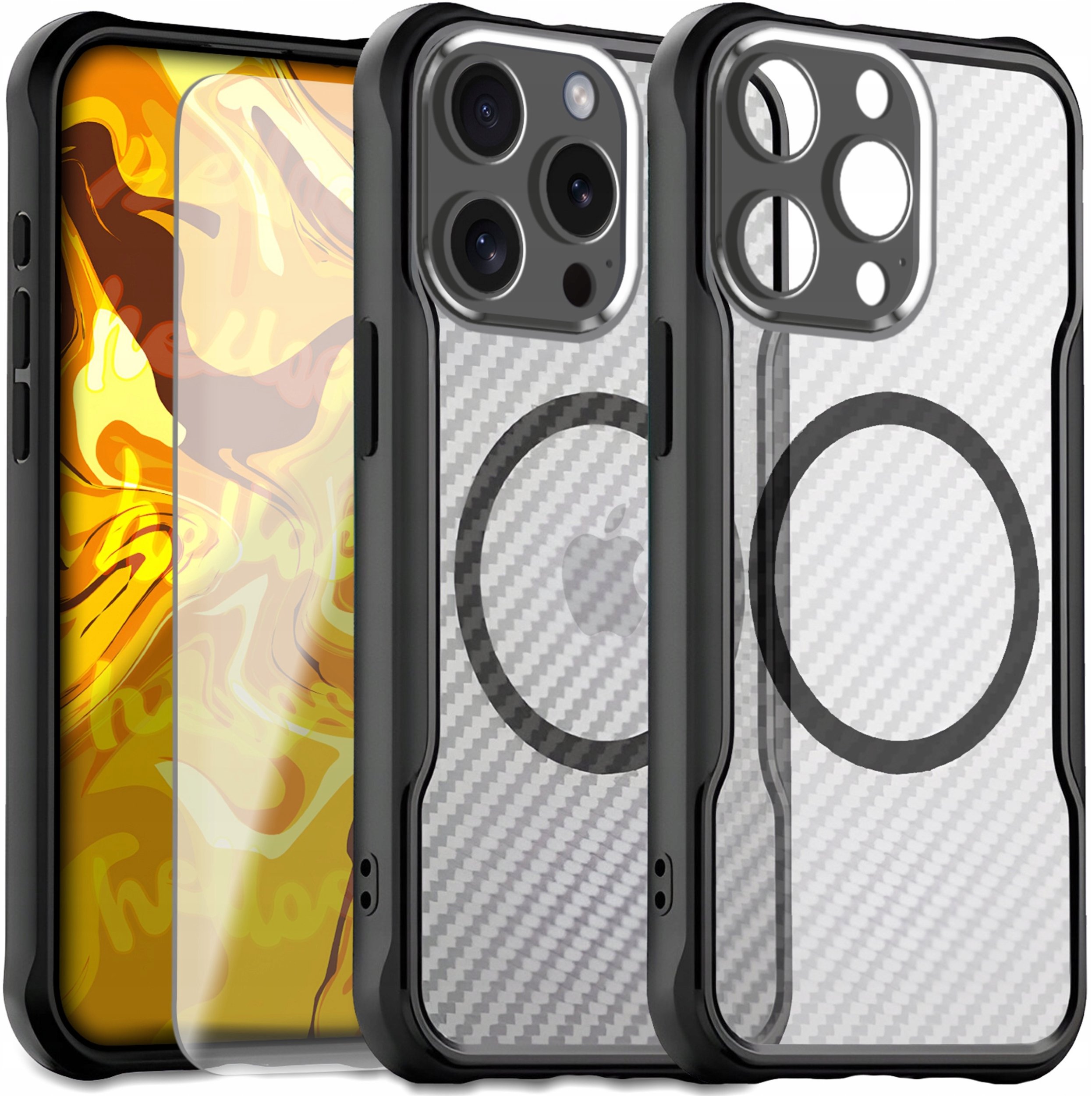 Etui Pancerne do Apple iPhone 15 Pro (Do Magsafe, Karbon, Czarne) Szkło