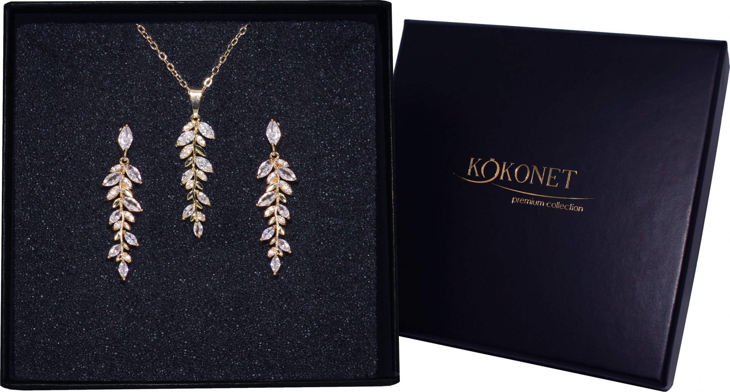 KOKONET ZESTAW NASZYJNIK kolczyki listki POZŁACANY ślubny