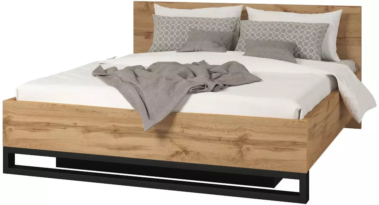 Łóżko HALLE 180x200 dąb wotan mat/czarne z pojemnikiem HELVETIA