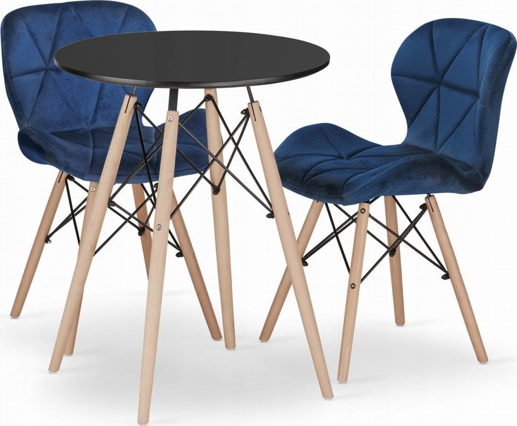 Leobert Zestaw stół okrągły TODI 60 czarny + 2 krzesła LAGO granatowe