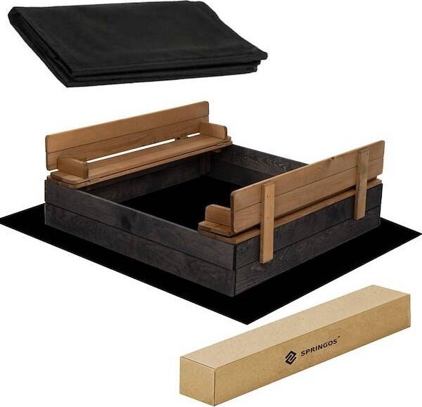 Springos Piaskownica drewniana zamykana 100x100 cm z ławkami drewno impregnowane UNIWERSALNY