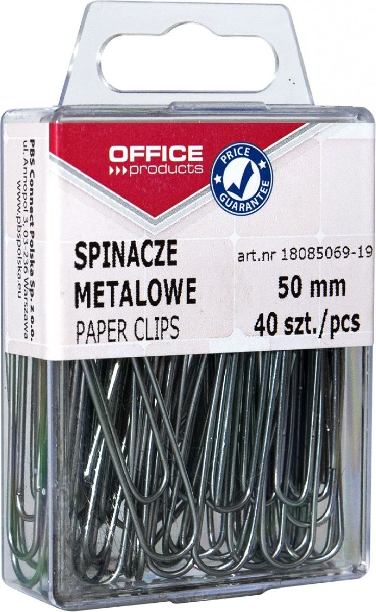 Office Products Spinacze metalowe OFFICE PRODUCTS, gładkie, 50mm, w pudełku, 40szt., srebrne