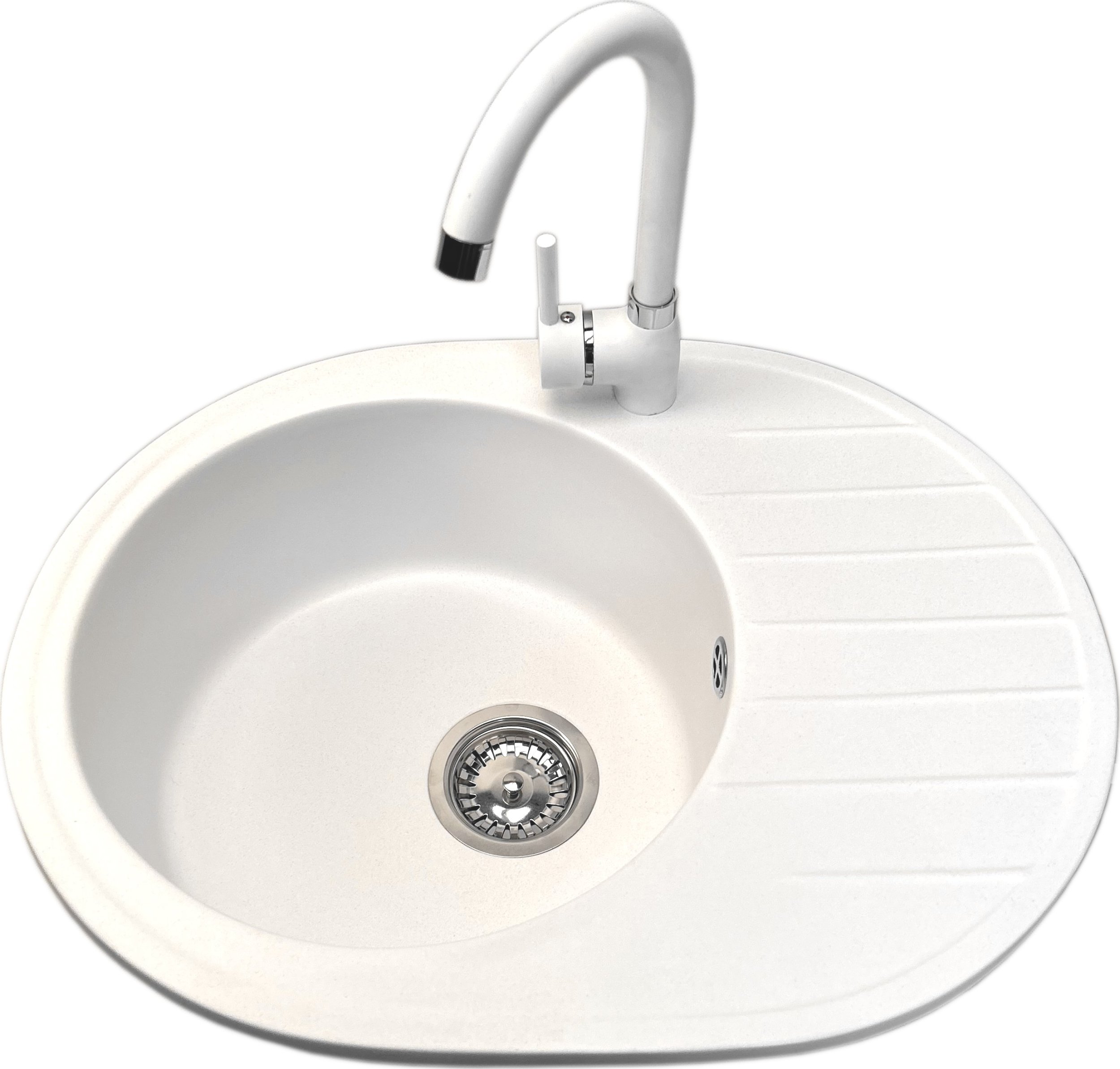 Zlewozmywak PREHNIT Zlewozmywak jednokomorowy z ociekaczem VISTA biały z prawym ociekaczem + bateria BETA