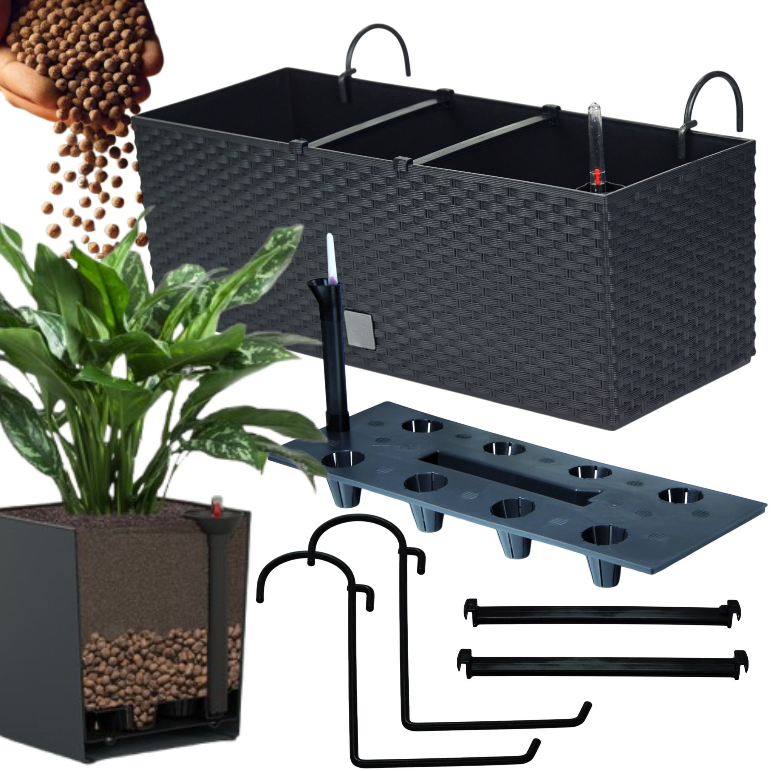 Doniczka balkonowa 51cm + uchwyty / haki, nawadniacz Skrzynka na balkon + keramzyt 2l