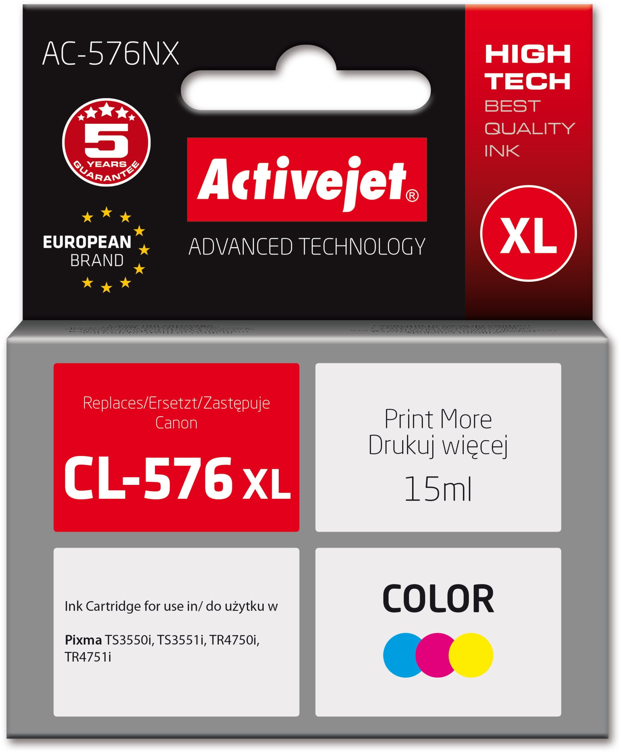 Activejet AC-576NX Tusz (zamiennik Canon CL-576XL; Supreme; 15 ml; kolor: niebieski żółty czerwony)