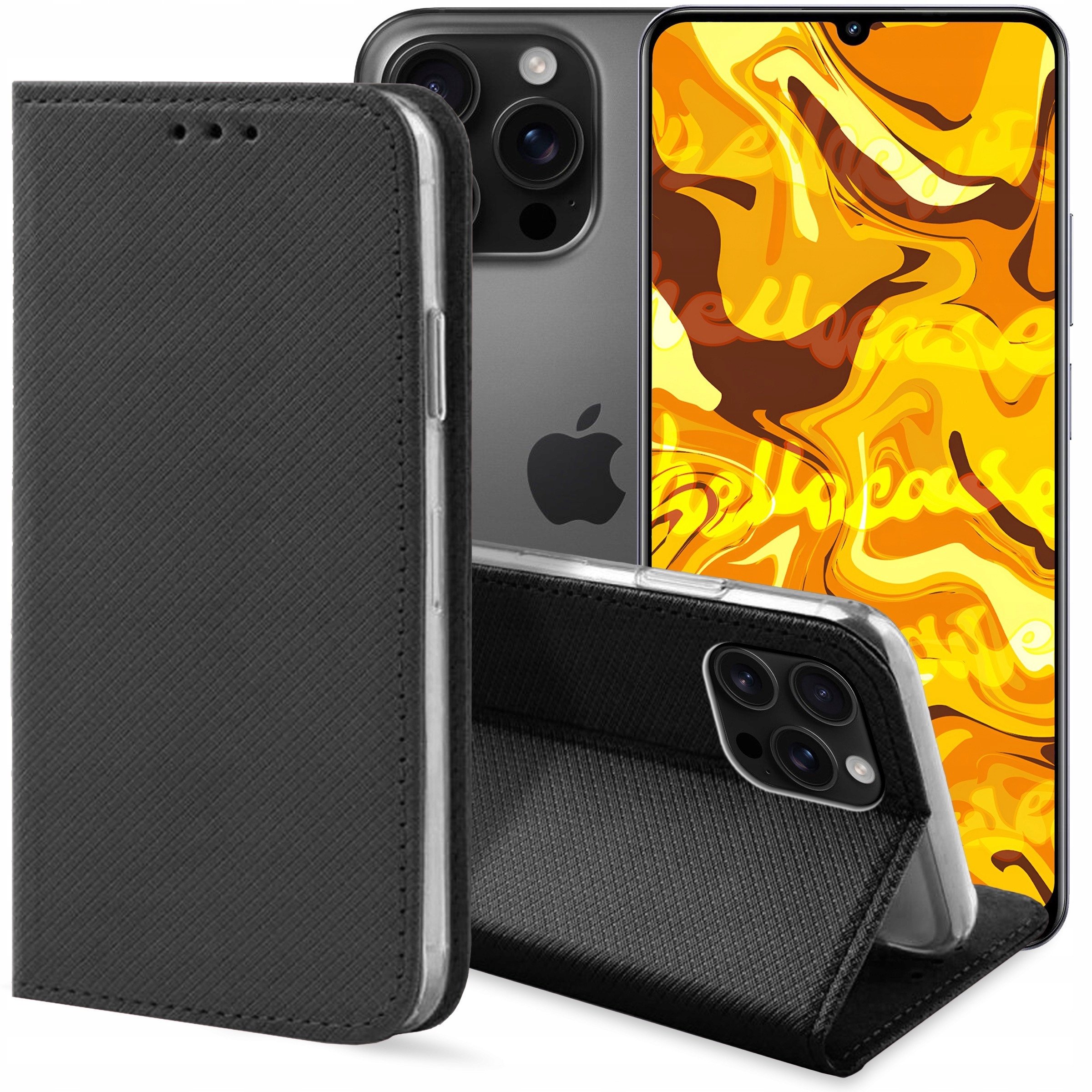 ETUI Z KLAPKĄ DO APPLE IPHONE 16 PRO CZARNE ZAMYKANE MAGNETYCZNE KABURA