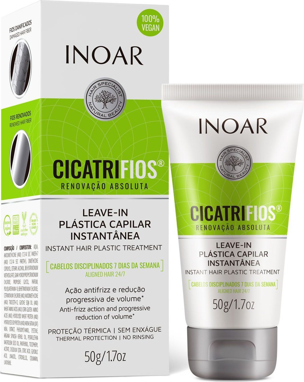 Inoar Nenuskalaujamas balzamas pasipūtusiems ploniems, vidutinio storumo plaukams Inoar CicatriFios Leave-in, 50 ml