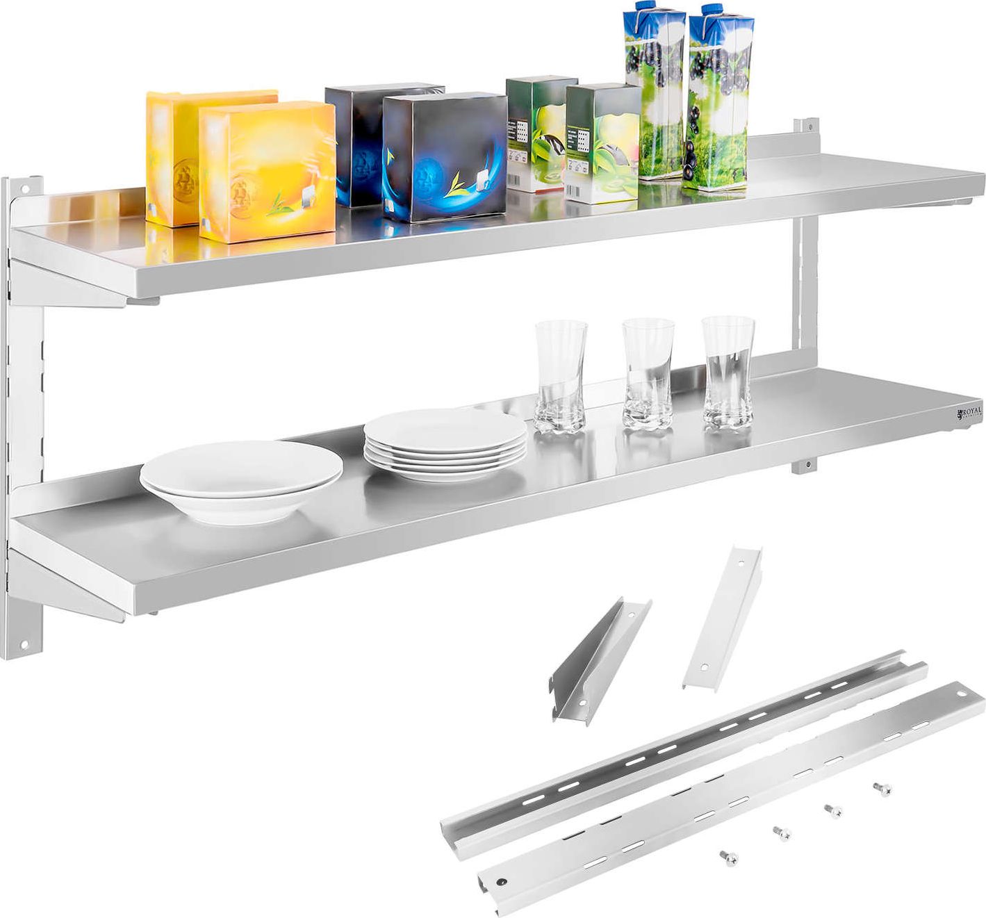 Royal Catering Półka ścienna stalowa wisząca podwójna z regulacją 140cm Półka ścienna stalowa wisząca podwójna z regulacją 140cm