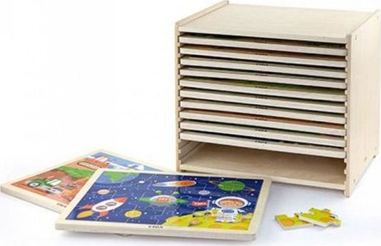 Viga Toys Puzzle drewniane 12 układanek po 24 puzzle na regale Viga Toys