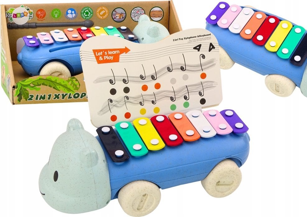 LeanToys Cymbałki Hipopotam Na Kółkach Instrument Dla Dzieci Kolorowe Edukacyjne