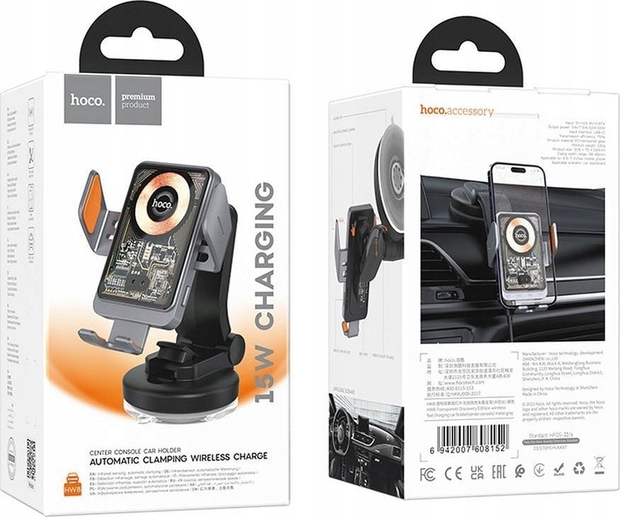Hoco HOCO uchwyt samochodowy indukcyjny do szyby / deski 15W HW8 czarny