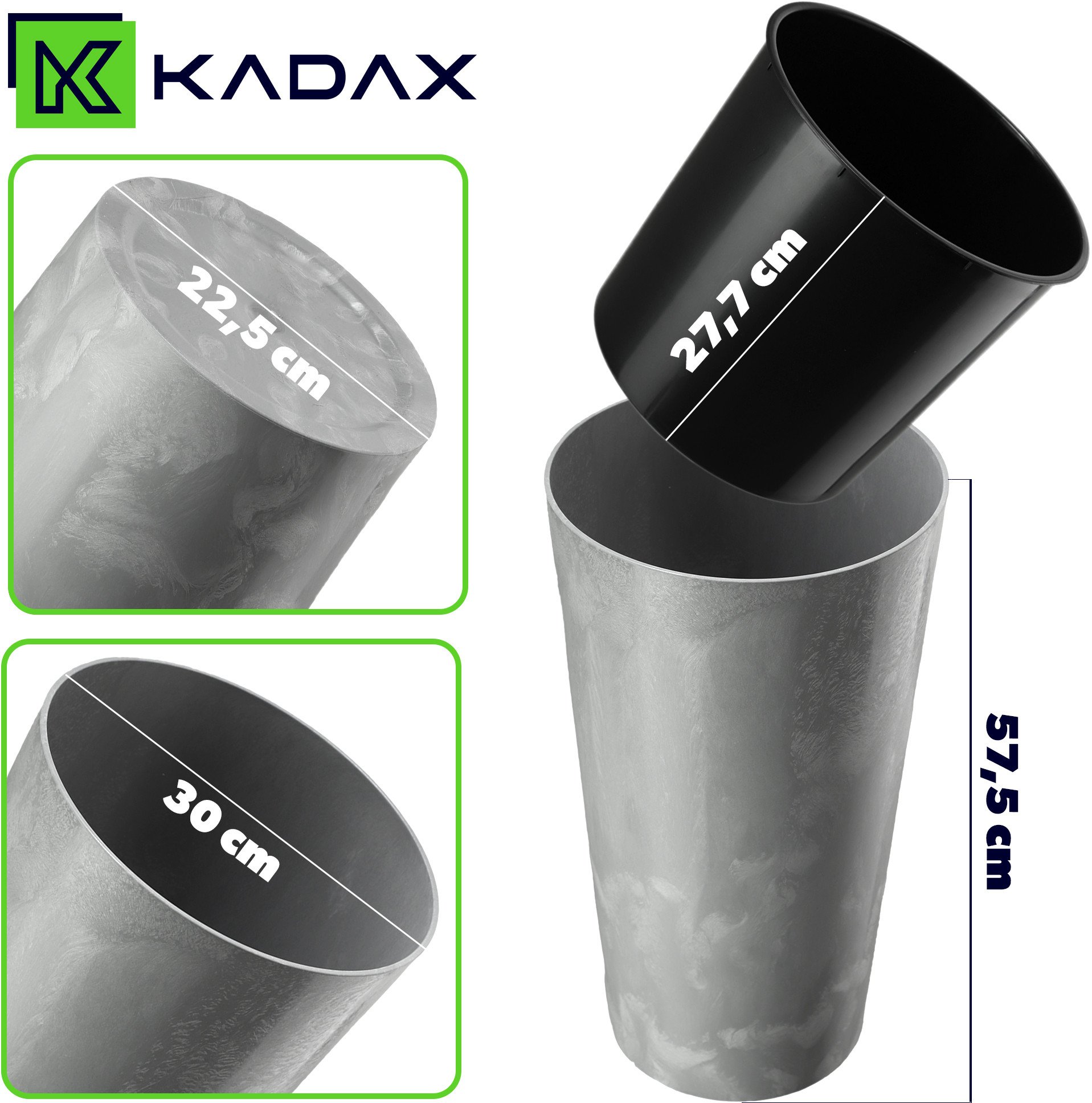 KADAX Doniczka Donica Na Kwiaty 57cm Osłonka Z Wkładem Kwietnik Plastikowa szara