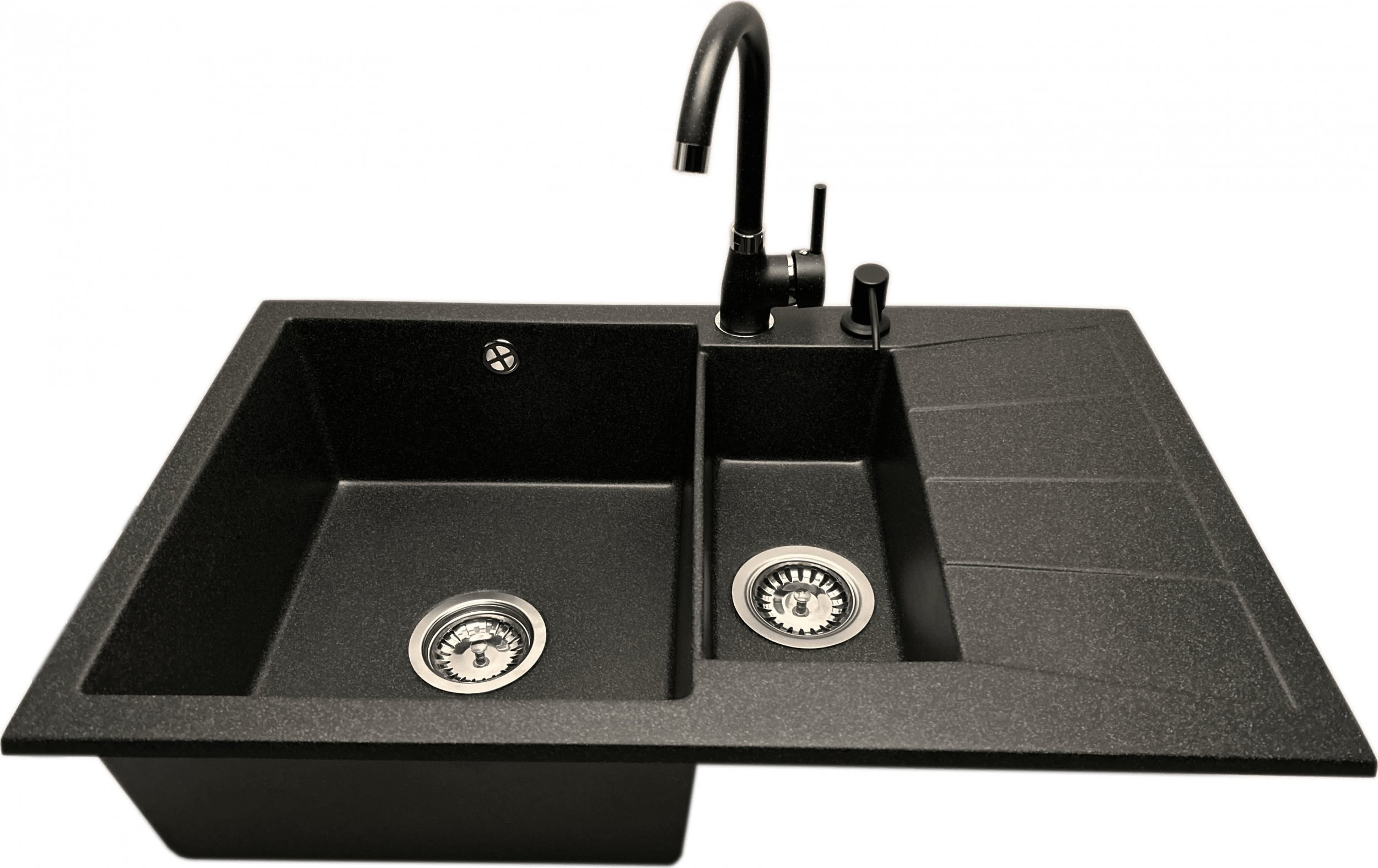 Zlewozmywak PREHNIT Zlewozmywak 1,5 komorowy z ociekaczem MILOS grafit z prawym ociekaczem + bateria NOON + dozownik