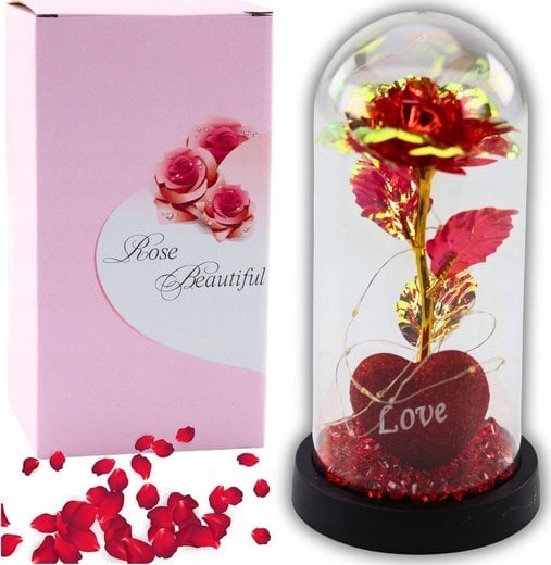 Wieczna Róża w Kopule z Oświetleniem LED Sercem Koralikami Czerwona 21x11cm
