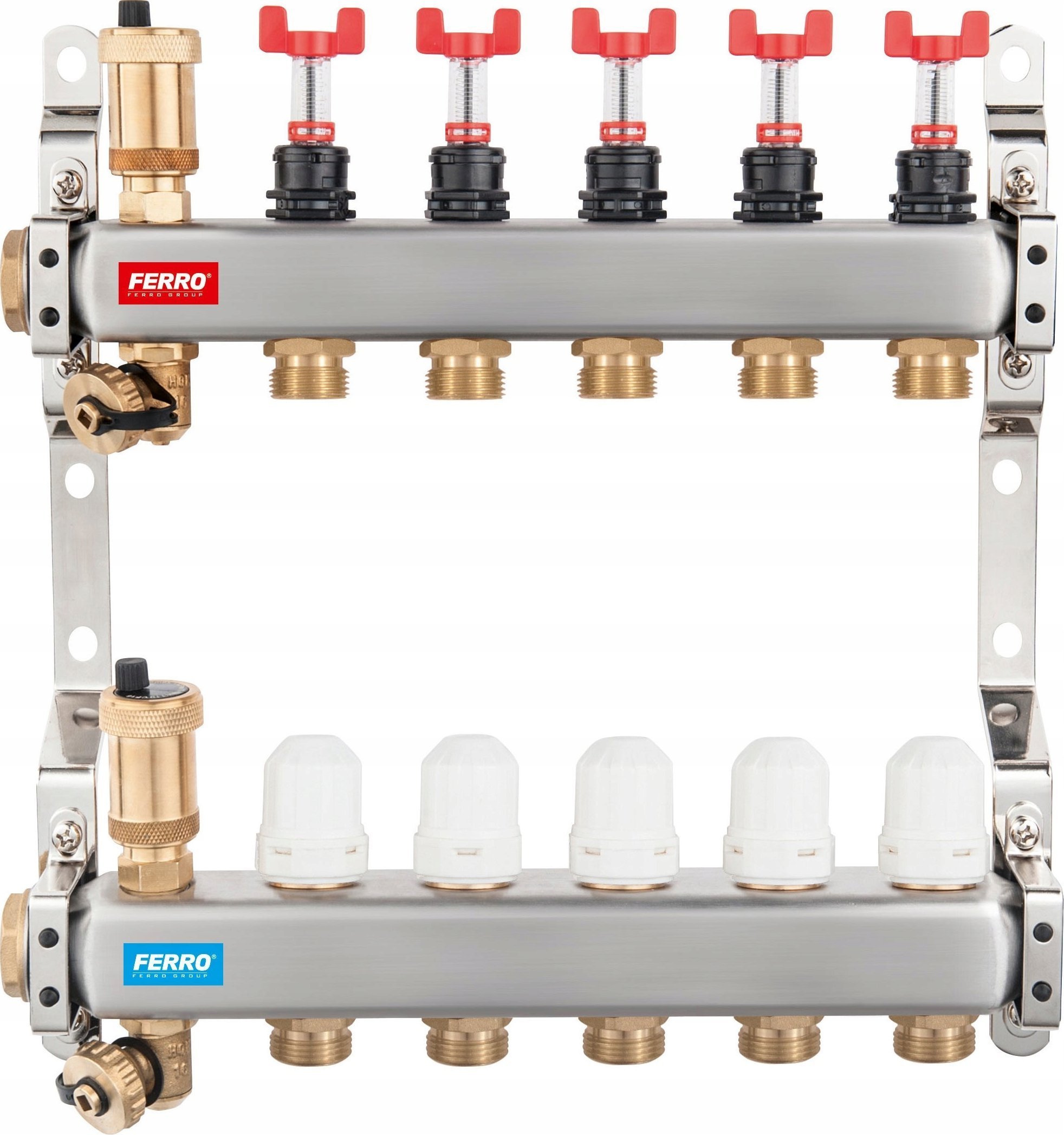 Rozdzielacz ze stali nierdzewnej 1 5-drogowy z zaworami termostatycznymi, przepływomierzami, odpowietrznikami automatycznymi, zaworami spustowymi, nyp