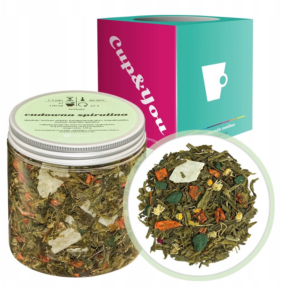 Herbata zielona CUDOWNA SPIRULINA 120g najlepsza aloes - sypana liściasta herbata PREMIUM Cup&You