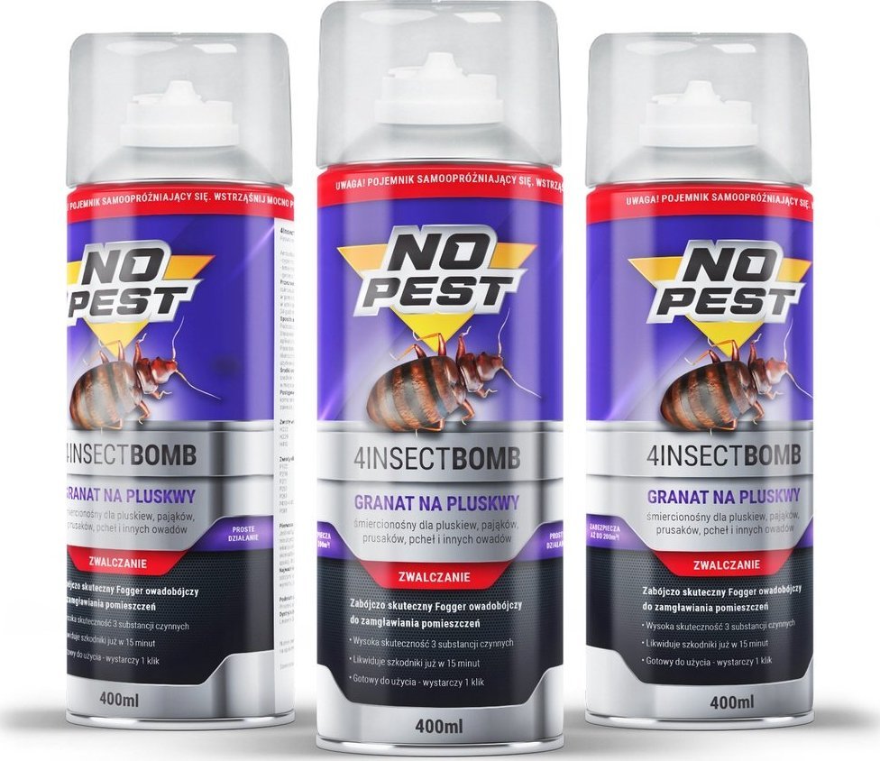 NO PEST 3x Bomba na Pluskwy 400ml Granat Fogger Środek Preparat Odymiacz na Pluskwy Karaluchy Pająki Rybiki Mole