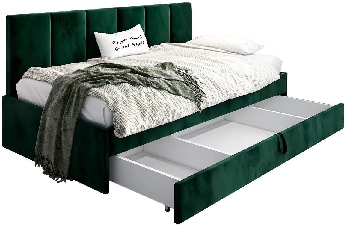 Łóżko młodzieżowe SORA 2 100x200 zielone z tapicerowanym panelem i szufladą MKPOL