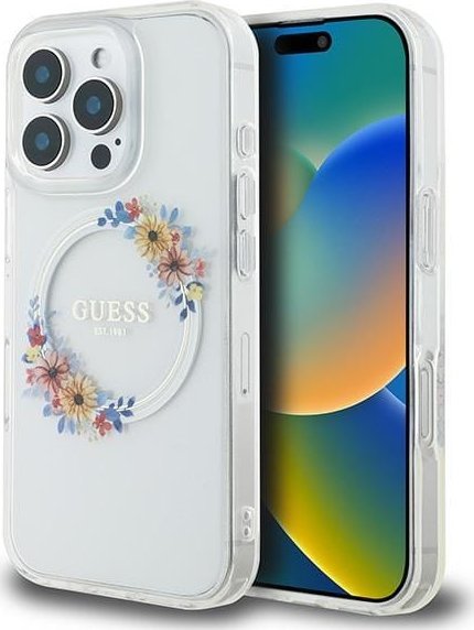 Guess Guess GUHMP16LHFWFCT iPhone 16 Pro 6.3" przeźroczysty/transprent hardcase IML Flowers Wreath MagSafe