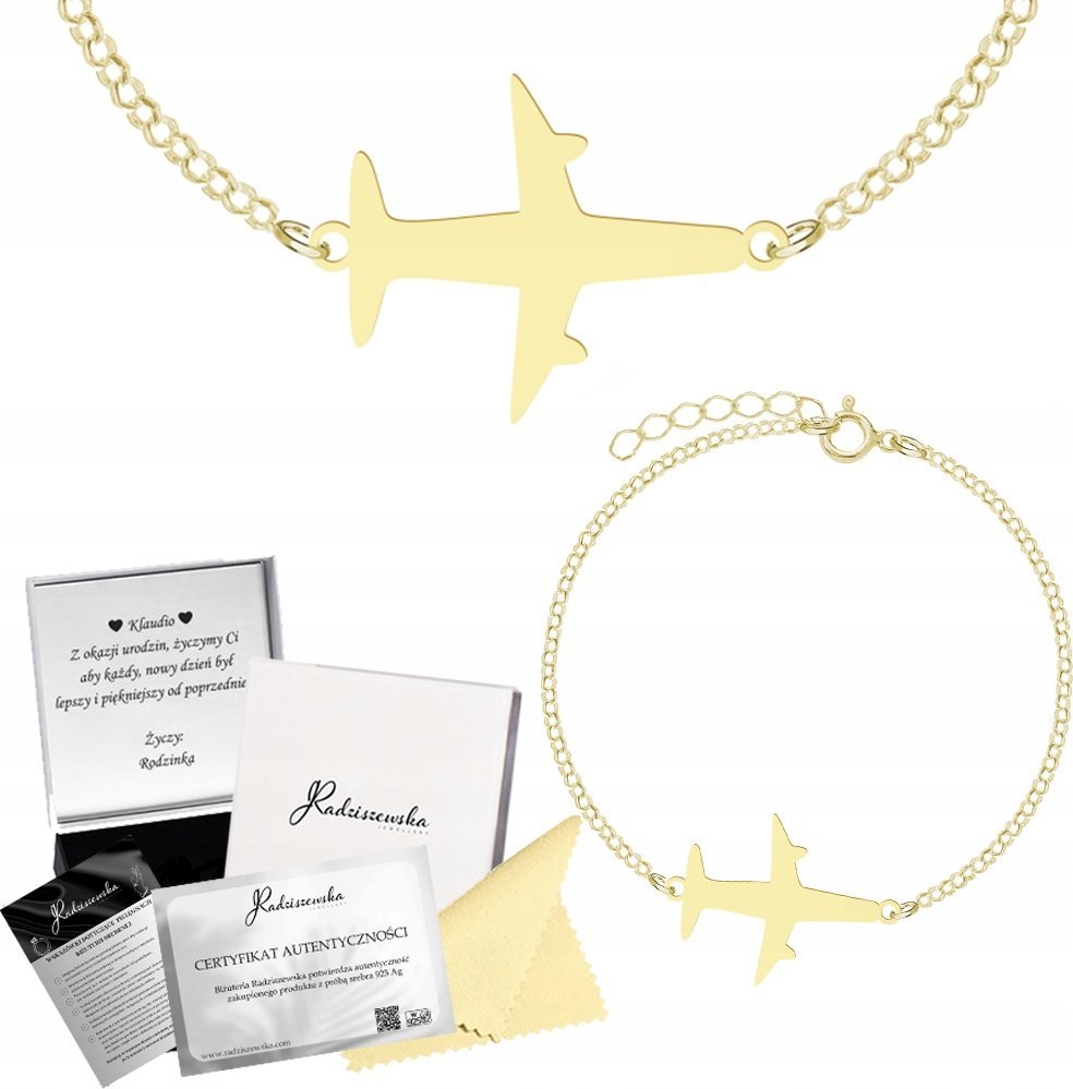 Radziszewska Jewellery Bransoletka Złota Samolot Łańcuszek Prezent Biżuteria 925 ŻYCZENIA GRATIS