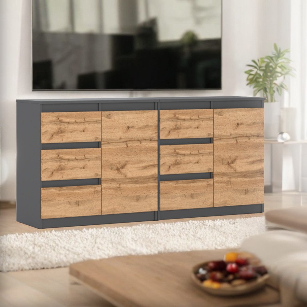 Komoda 160cm Szafka Loft 6 Szuflad Nowoczesna Szary Mat Dąb Wotan Salon