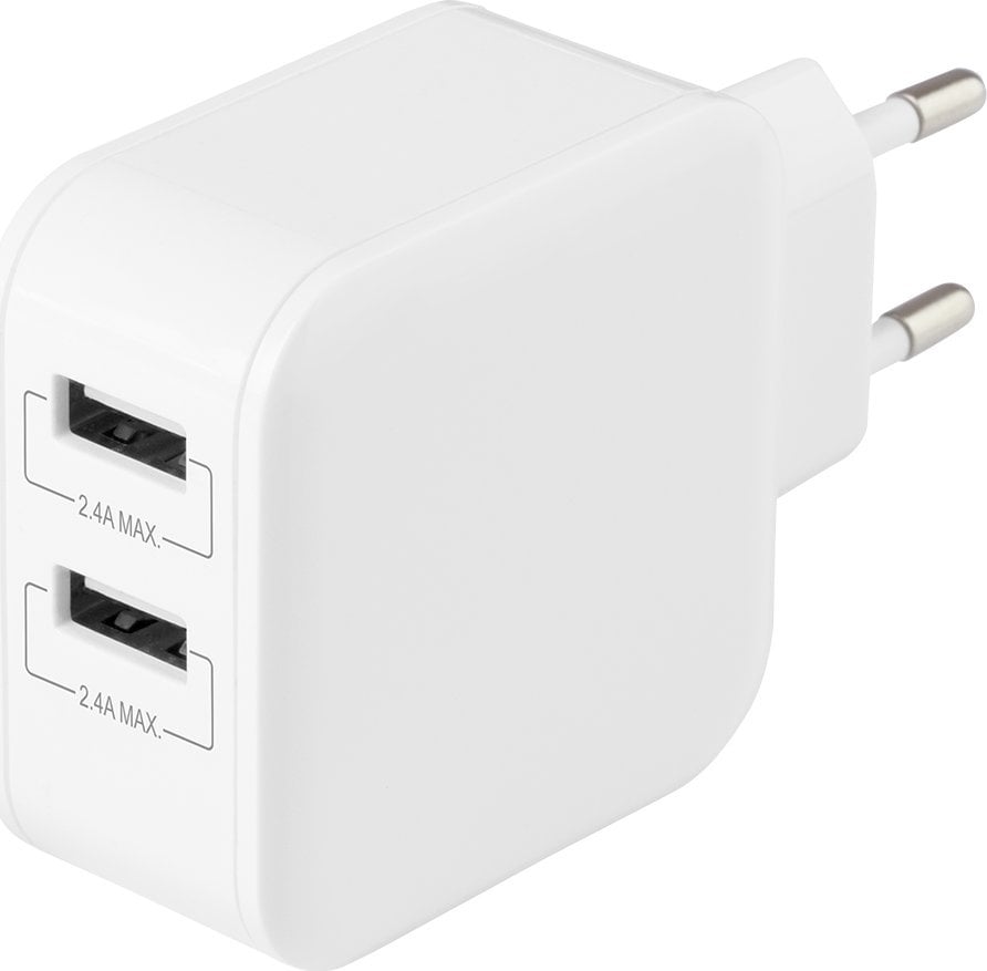 Ładowarka Deltaco DELTACO USB sieninis įkroviklis, 2x USB-A 2,4 A, iš viso 24 W, baltas USB-AC175