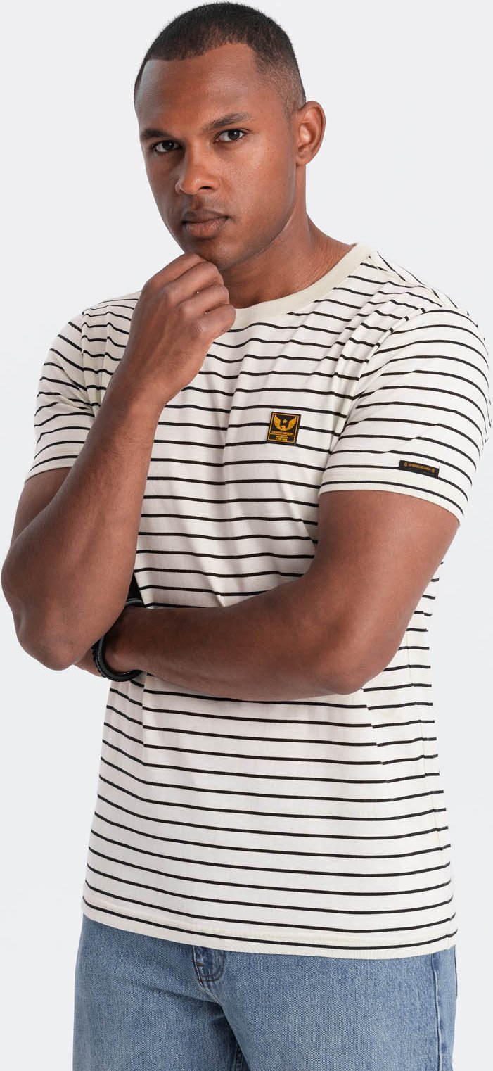 Ombre Męski t-shirt w paski z naszywką Ombre Design kremowo-czarny V1 OM-TSCT-0183 L