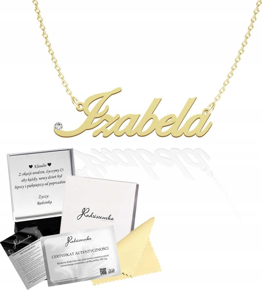 Radziszewska Jewellery Złoty Naszyjnik z Imieniem Izabela Łańcuszek SREBRO 925 DEDYKACJA GRATIS