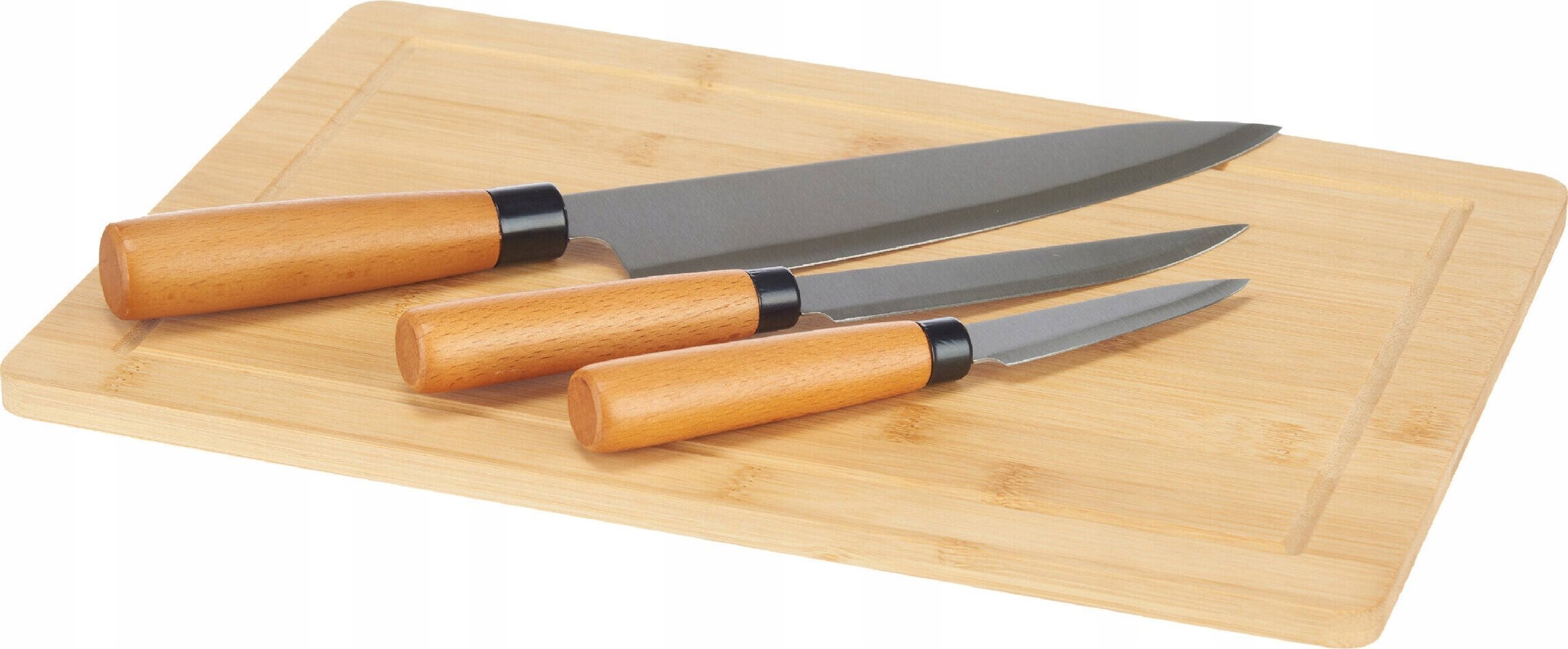 Deska do krojenia Kinvara Bambusowa deska do krojenia ORVA z 3 nożami z bambusowym trzonkami