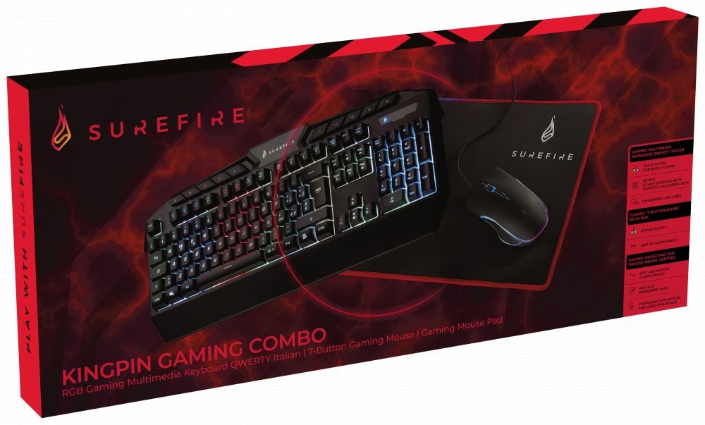 KingPin Gaming Combo Set (Keyboard QWERTY Italian, 7-Button RGB Mouse & Mouse Pad)