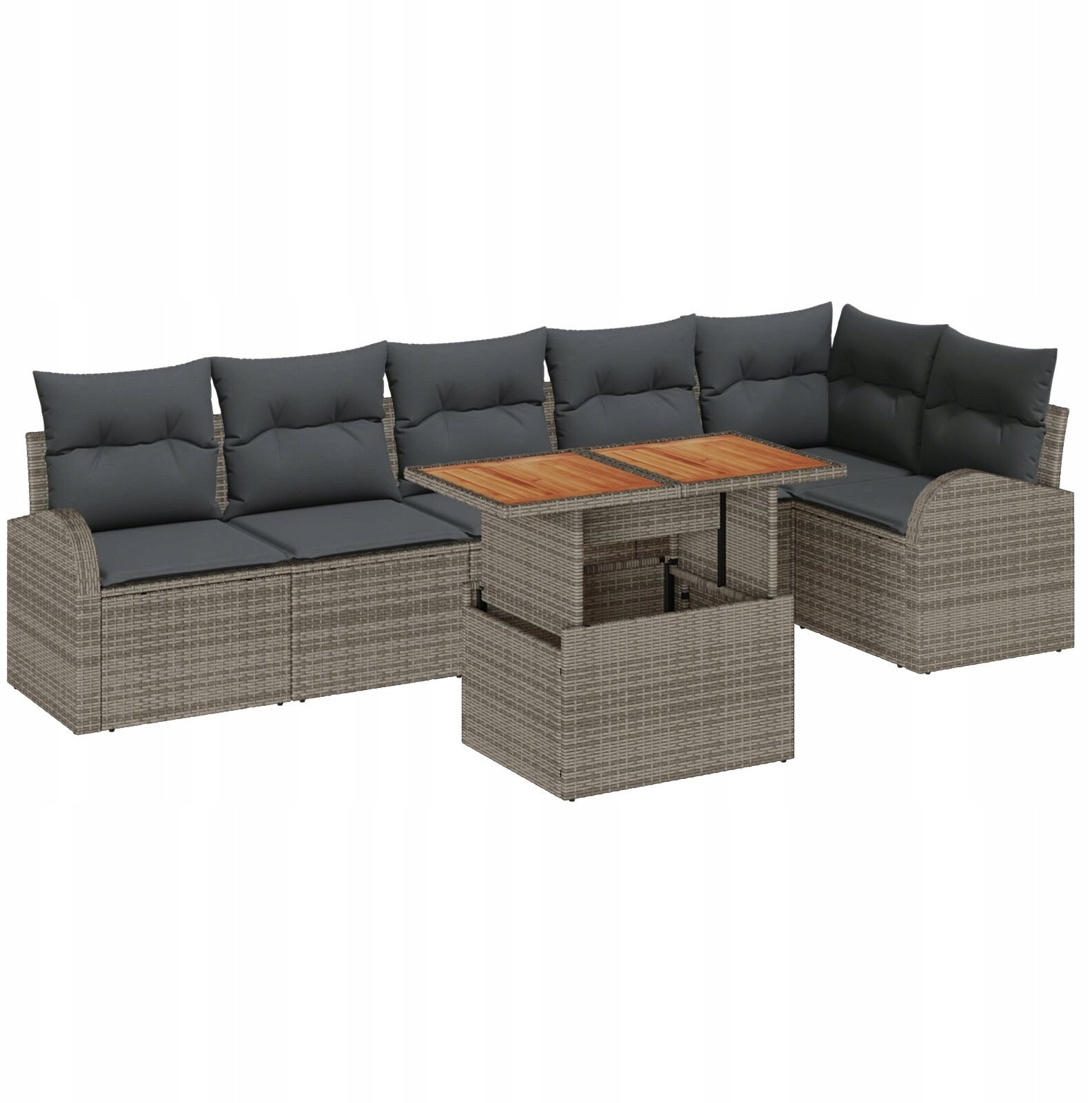 7-elementowy zestaw sof ogrodowych z poduszkami Szary Polirattan, 2-osobowa sofa ogrodowa z miejscem na przechowywanie i poduszkami Szary Polirattan