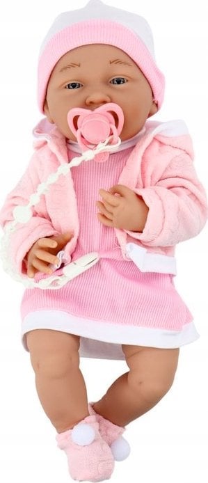 LeanToys Lalka Bobas Ze Smoczkiem Sukienka Czapeczka Różowa Kocyk Akcesoria 35 cm