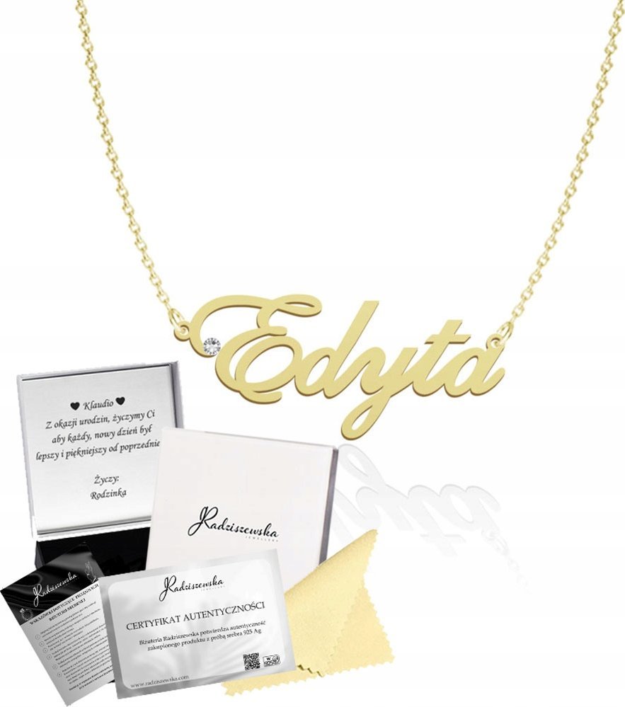 Radziszewska Jewellery Złoty Naszyjnik z imieniem EDYTA Łańcuszek SREBRO 925 ŻYCZENIA GRATIS