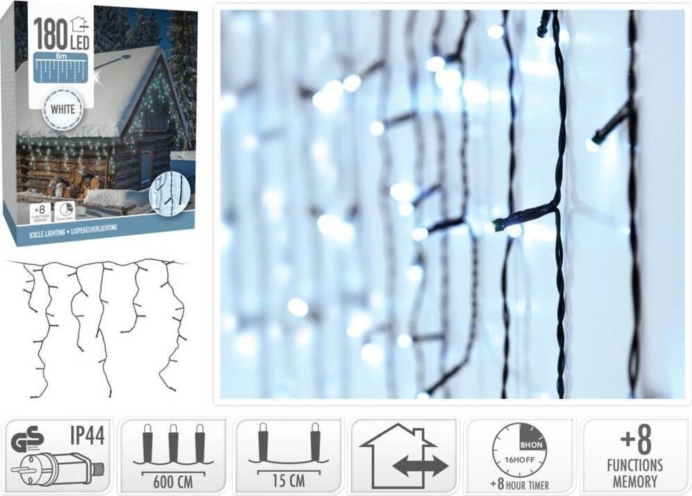 Koopman LAMPKI CHOINKOWE KURTYNA ŚWIETLNA ZEW 180 LED STEROWNIK TIMER ZIMNY BIAŁY KABEL ZIELONY