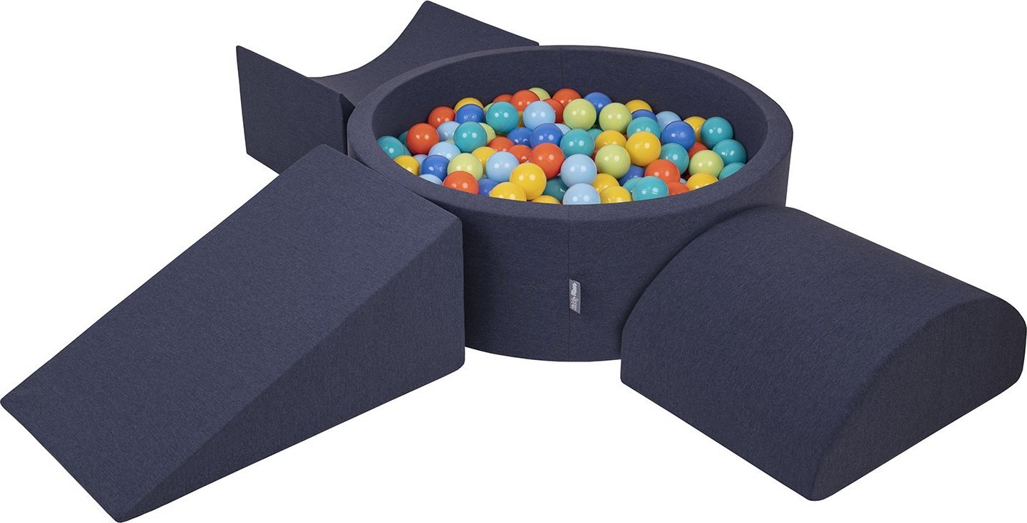 KiddyMoon Piankowy plac zabaw PPZP-OK30D-114 z piłeczkami granatowy: jasny zielony-pomarańcz-turkus-niebieski-babyblue-żółty basen 200/klin L/rampa L/
