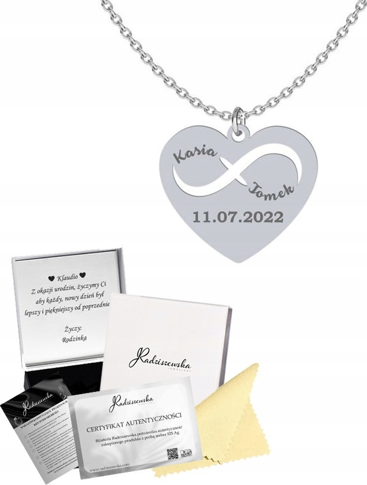 Radziszewska Jewellery Naszyjnik Srebrny Serce Imiona Rocznica Prezent 925 Dzień Kobiet GRAWER