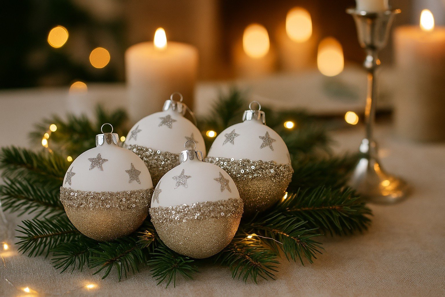 Komplet 4 bombek szklanych 8 cm biały-złoty 8448