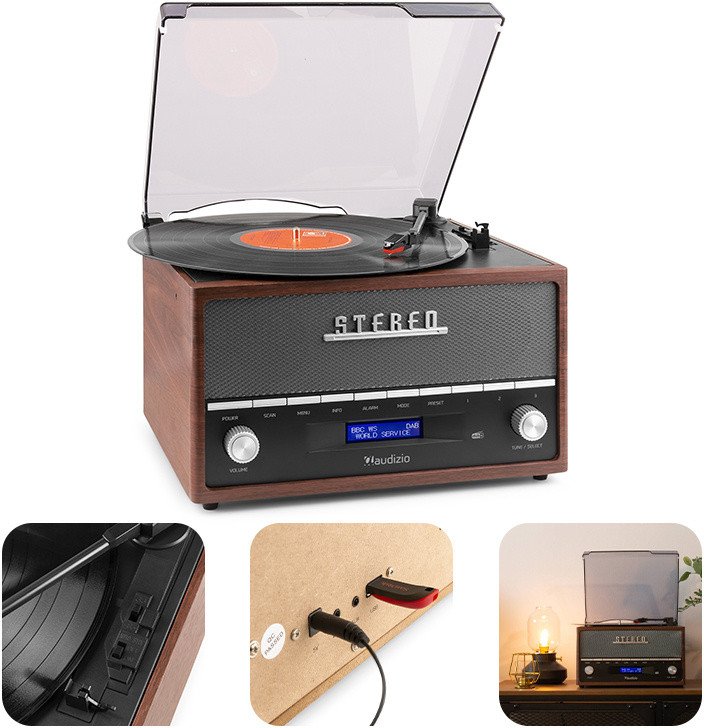 Gramofon retro Frisco Audizio z radiem DAB brązowy one size