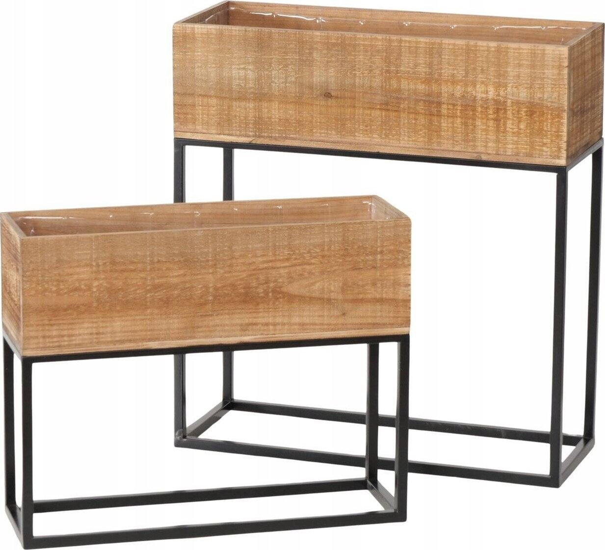 Zestaw metalowych kwietników z drewnianą skrzynią ANETA, wys. 40-59,5 cm