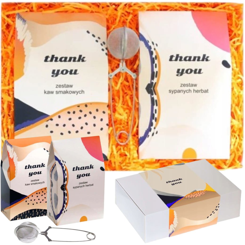 Gotowy zestaw prezentowy Thank You box kawa smakowa 10szt. herbata sypana PREMIUM mix zaparzacz prezent upominek podziękowanie dla kobiety faceta